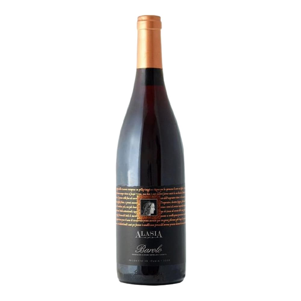 A bottle of Alasia Barolo red wine with copper foil cap and black label against a white background.