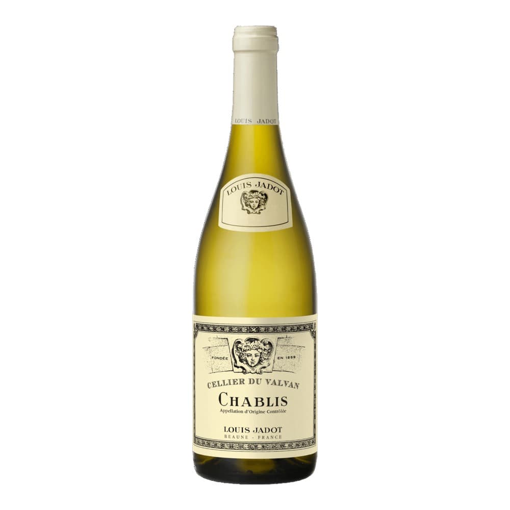 A bottle of Louis Jadot Chablis white wine with cream and gold label on a white background