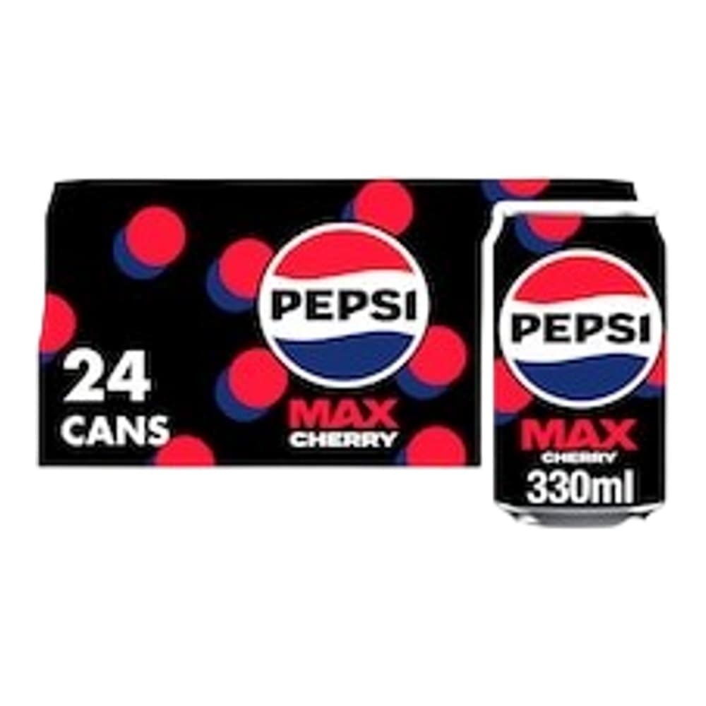 Packaging display of Pepsi Max Cherry 24-pack cans showing black box with red cherry design and individual 330ml cans