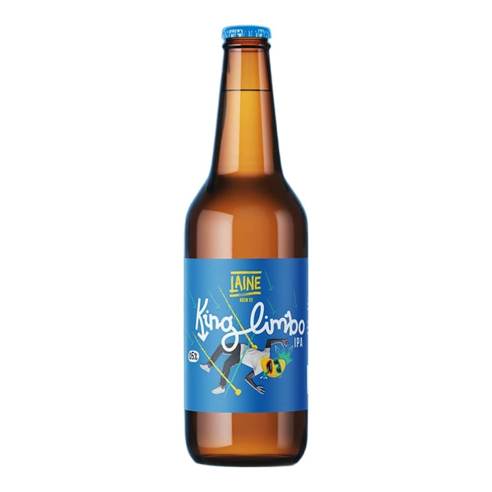 A brown glass bottle of Laine King Limbo IPA beer with blue label on a bright blue background.