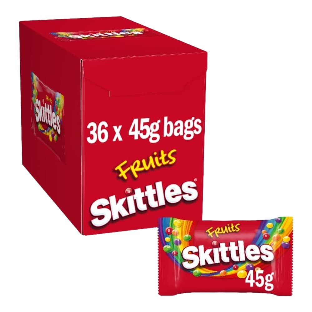 Red cardboard box of Skittles Fruits sweets showing 36 x 45g bags with an individual packet displayed in front