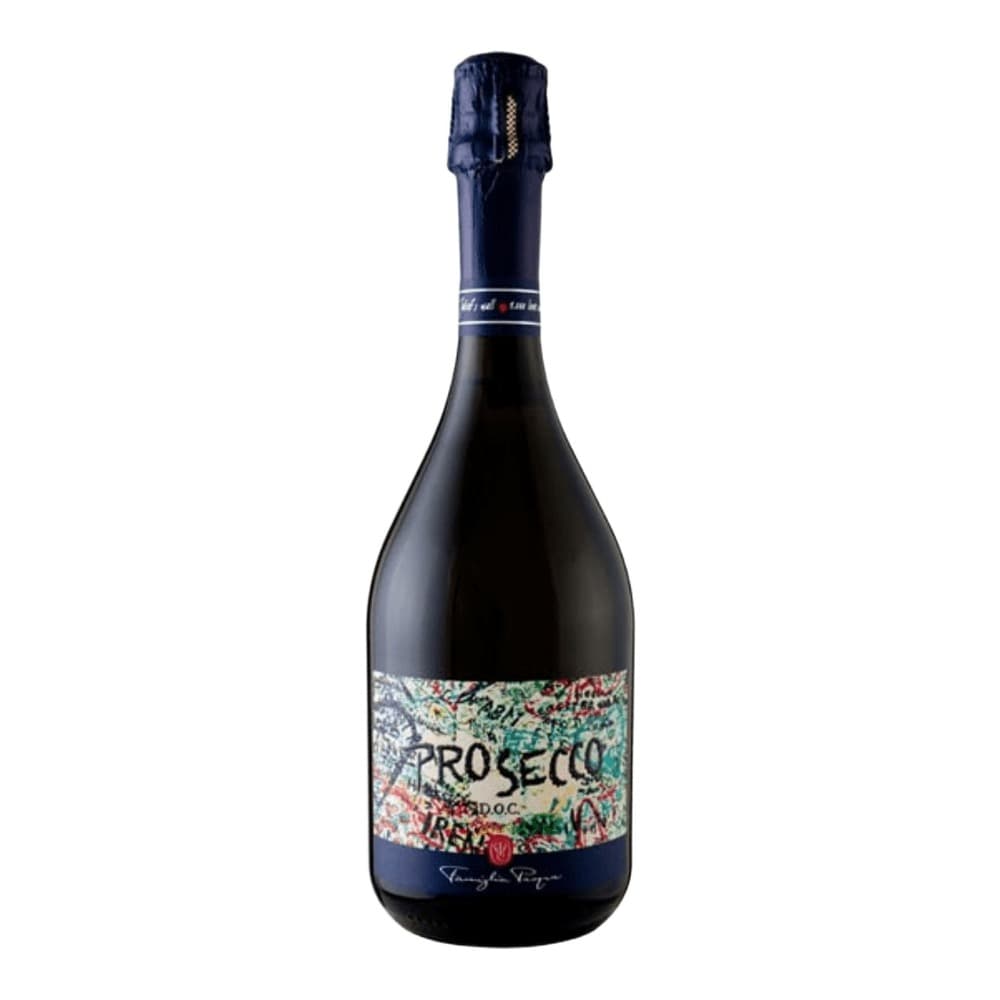 A bottle of Prosecco D.O.C. sparkling wine with a navy foil-wrapped top and decorative floral label on a plain white background.