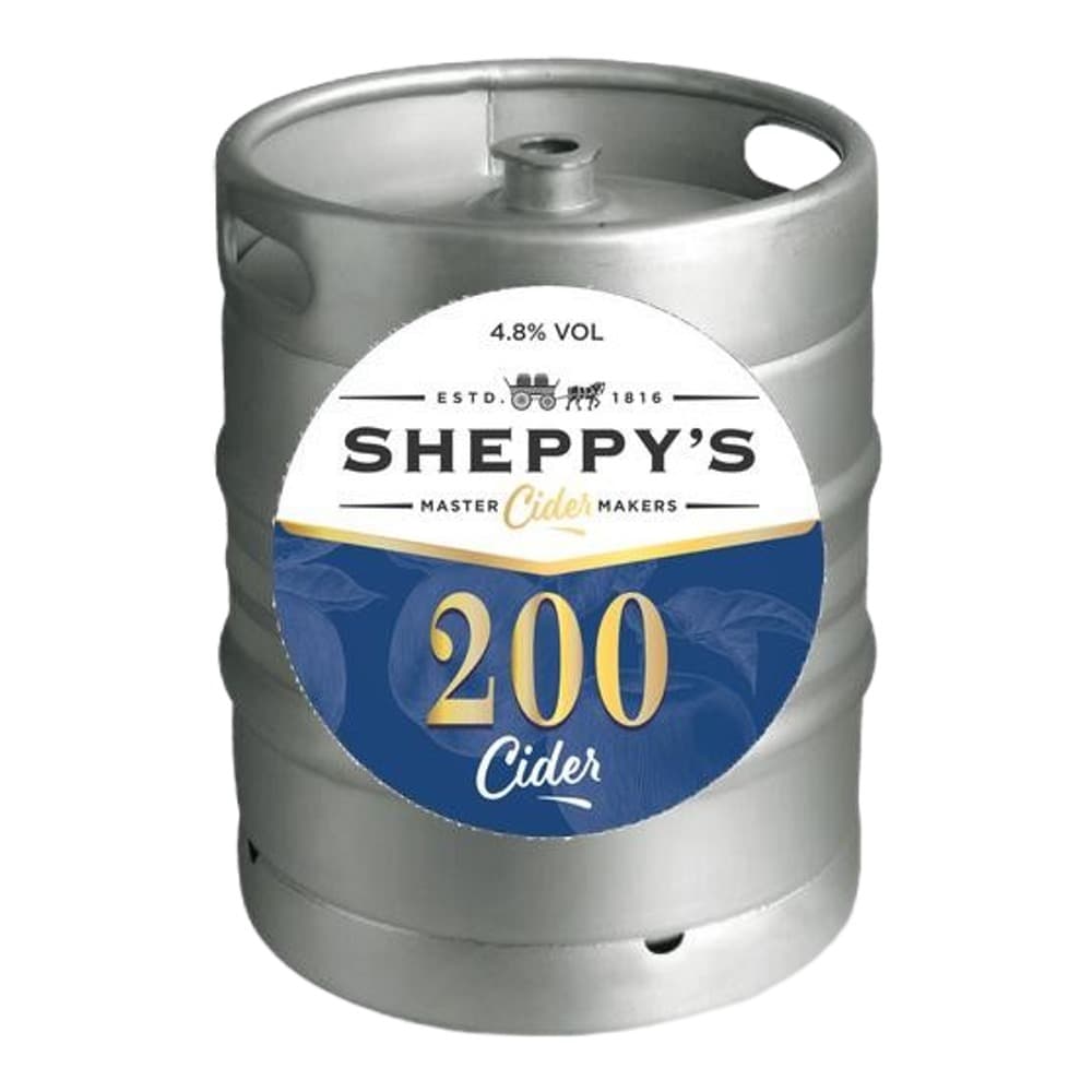 Silver metal keg of Sheppy's 200 Cider with blue and white label showing 4.8% alcohol volume