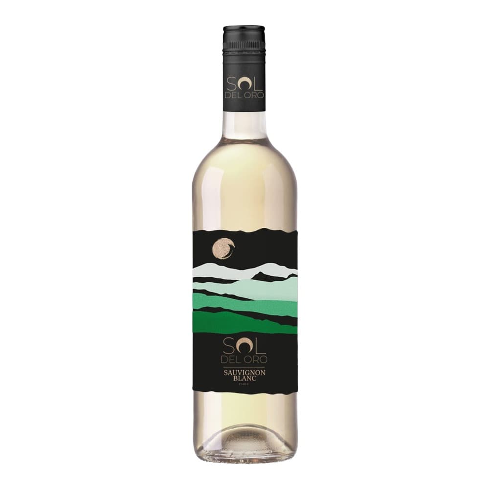 A bottle of Sol Del Oro Sauvignon Blanc white wine with a black and green label featuring a moon and landscape design, isolated on a white background.
