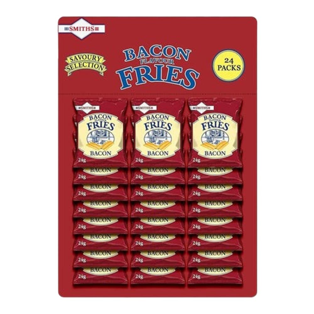 A red cardboard display box containing 24 individual packets of Smiths Bacon Fries arranged in a 3x8 grid on a plain white background