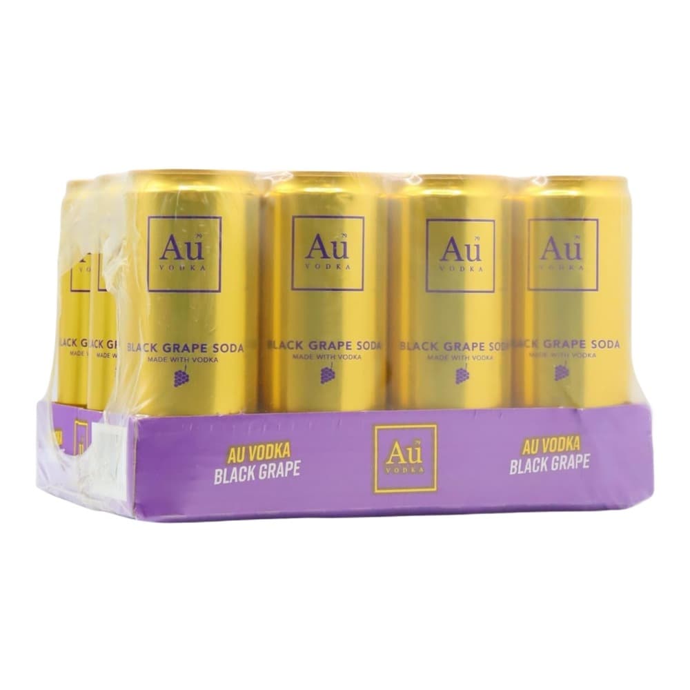 A four-pack of Aü Vodka Black Grape Soda cans displayed on a white background with gold cans and purple packaging base