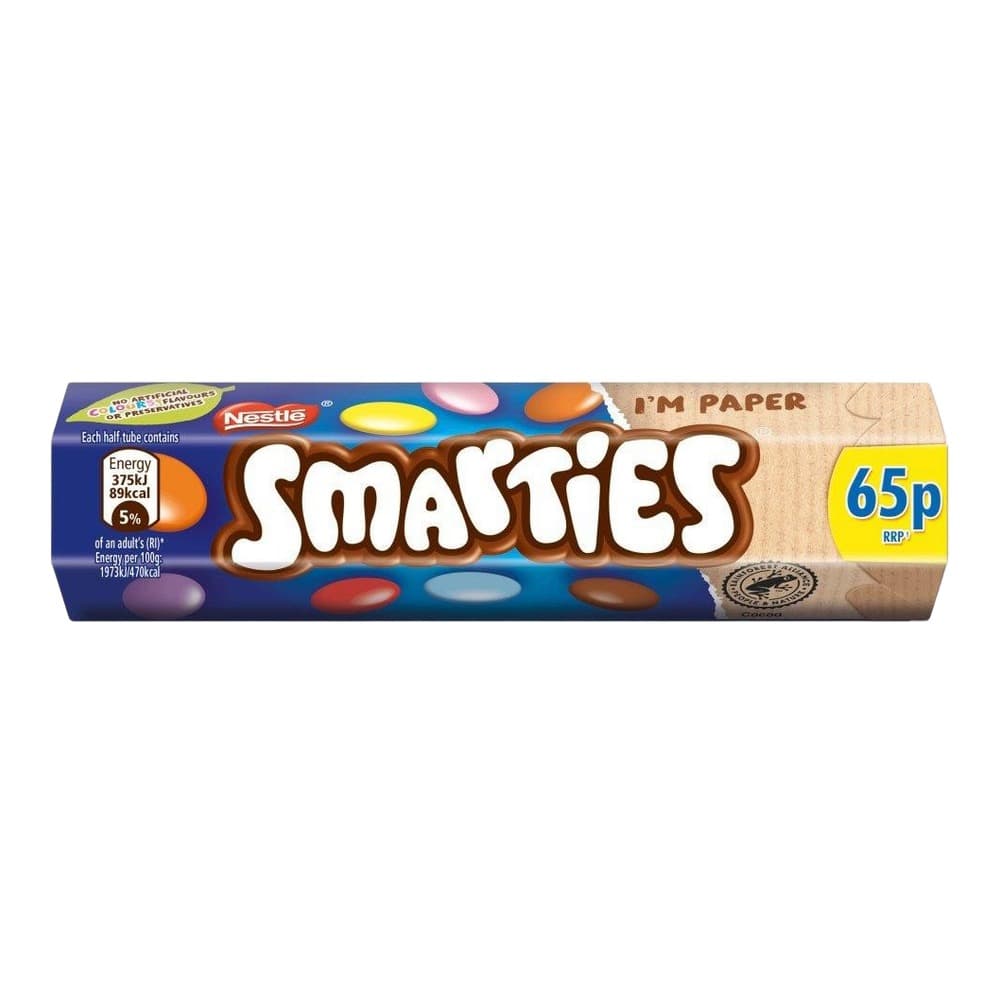 A Nestlé Smarties chocolate tube with colourful candy shells displayed against a white background, showing the product packaging with paper wrapper.