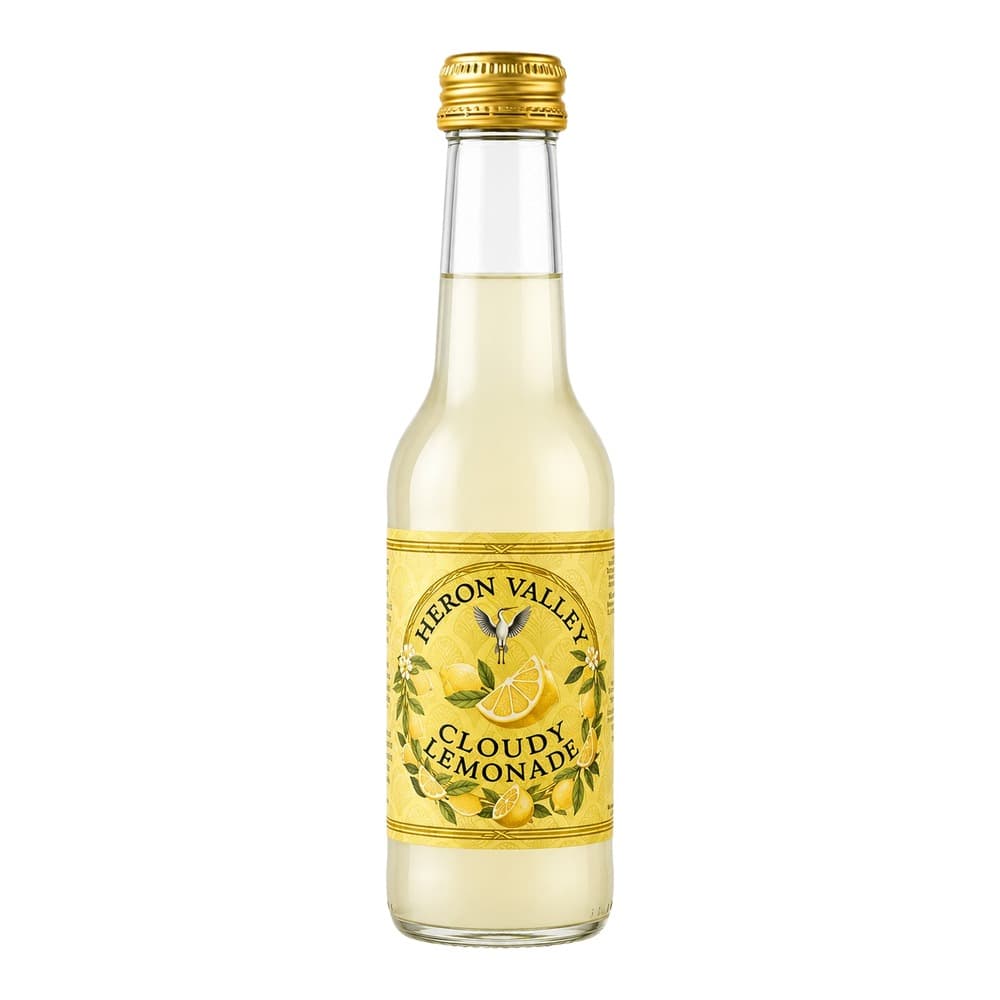 A glass bottle of Heron Valley Cloudy Lemonade with a gold cap and decorative yellow label featuring lemons and a heron bird, photographed against a white background.
