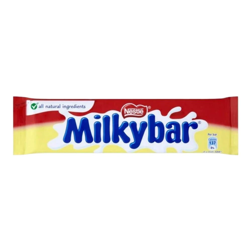 Milkybar chocolate bar by Nestlé on a white background, showing the iconic blue branding and red and yellow packaging design.