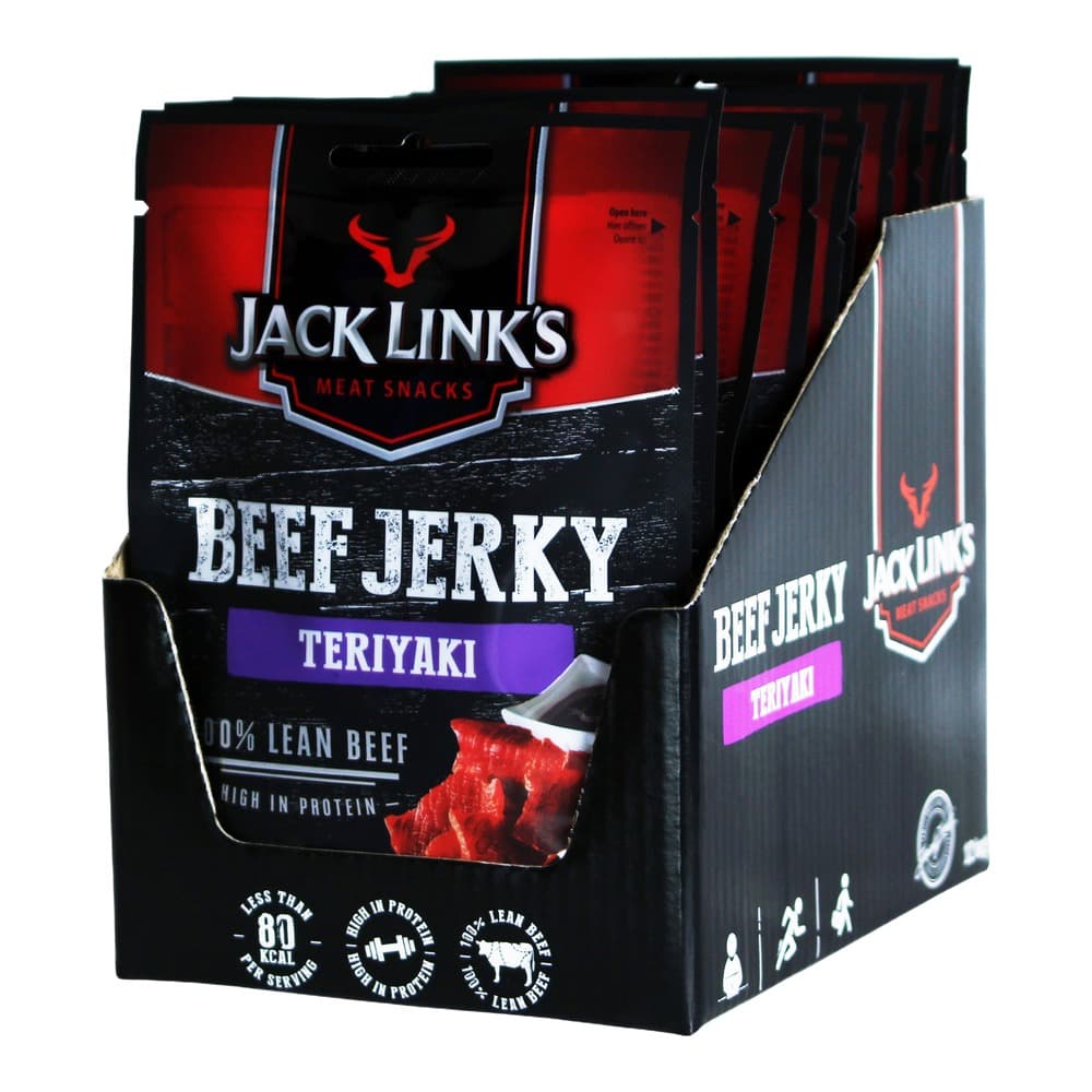 A display box of Jack Link's Beef Jerky in Teriyaki flavour, featuring red and black packaging with product details highlighting 90% lean beef and high protein content.