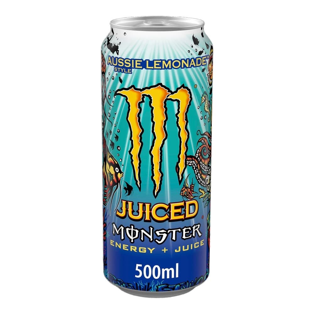 A 500ml can of Monster Energy Aussie Lemonade Style Juiced energy drink against a black background, featuring the iconic yellow M logo and turquoise and blue label design with ocean-themed graphics.