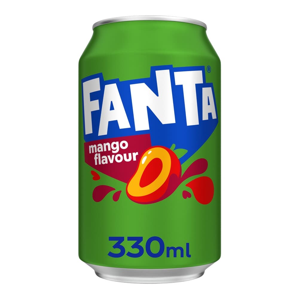 A bright green Fanta mango flavour aluminium can with white and blue branding, featuring a red mango illustration with yellow centre, 330ml size marked on lower portion.
