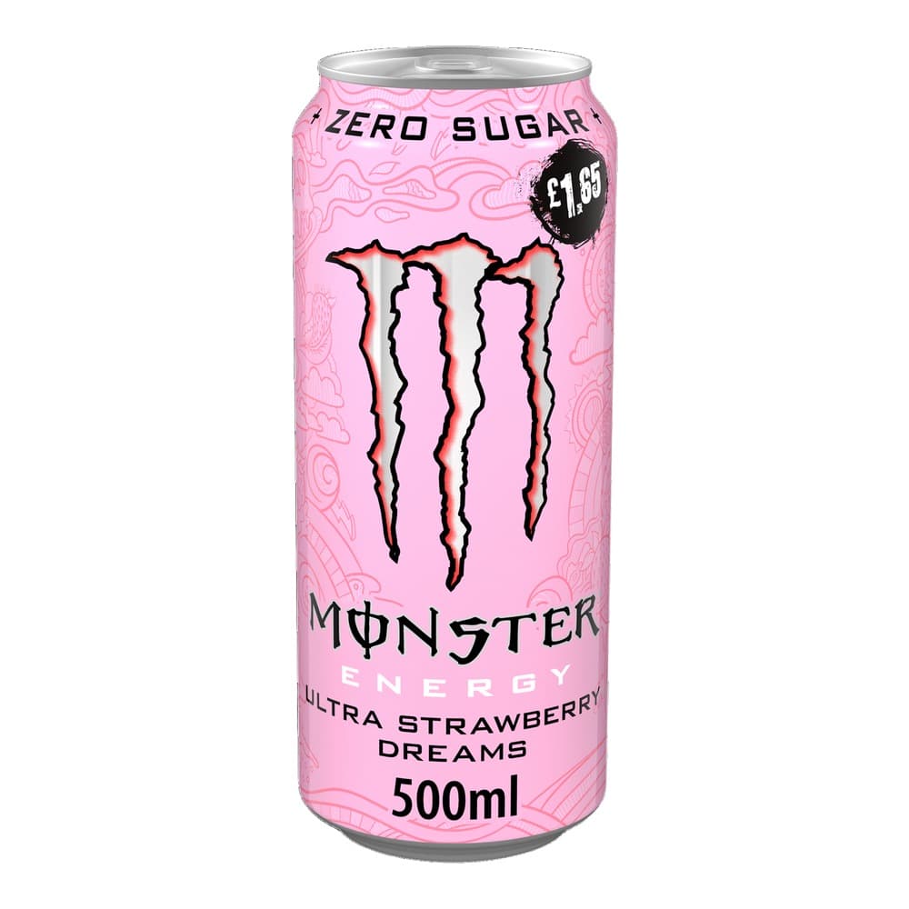 A pink Monster Energy drink can featuring the iconic M logo with 'Ultra Strawberry Dreams' flavour text and zero sugar labelling, priced at £1.65.