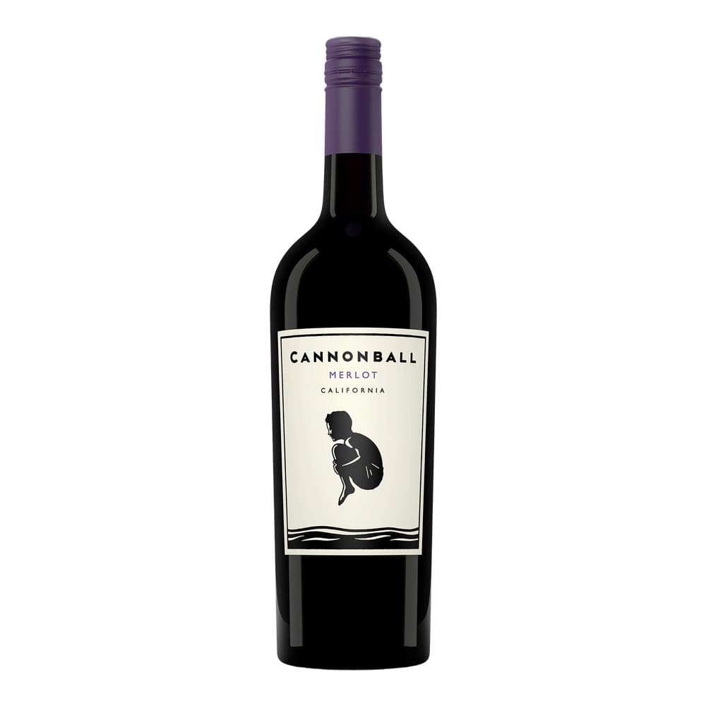 A bottle of Cannonball Merlot wine from California with a purple foil-wrapped cap and cream-coloured label featuring a silhouette of a woman holding a cannonball