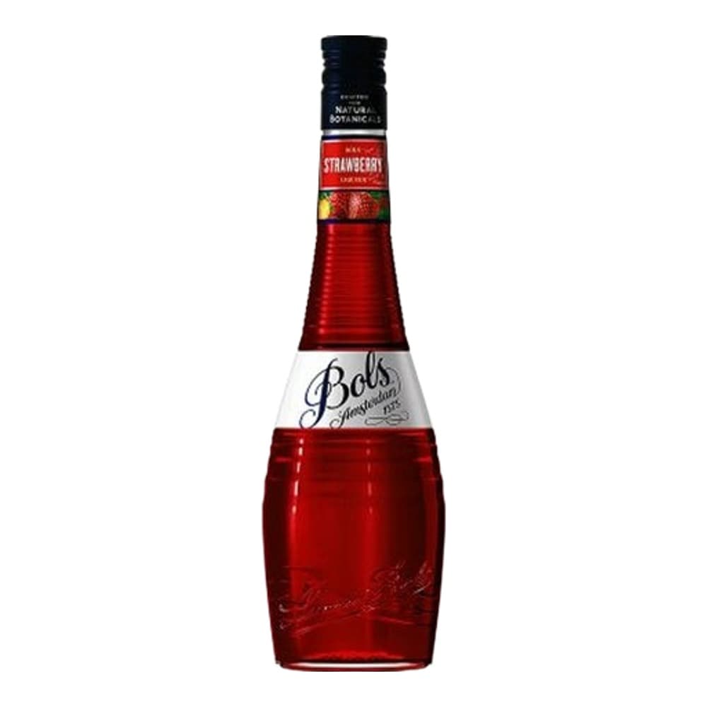 A bottle of Bols Strawberry liqueur with red liquid, black cap, and white label, displayed against a plain white background.