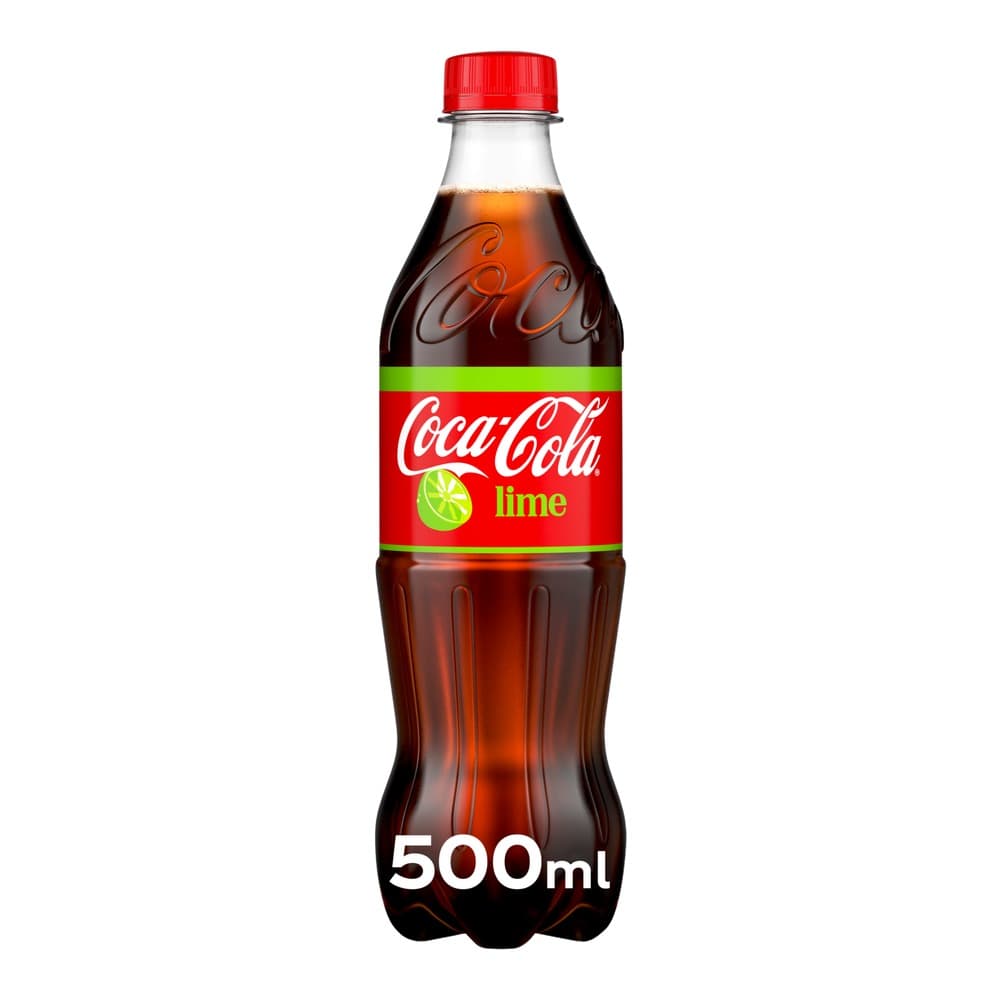 A 500ml Coca-Cola Lime bottle with a red label featuring a lime graphic and white Coca-Cola branding, topped with a red plastic cap, isolated on a white background.