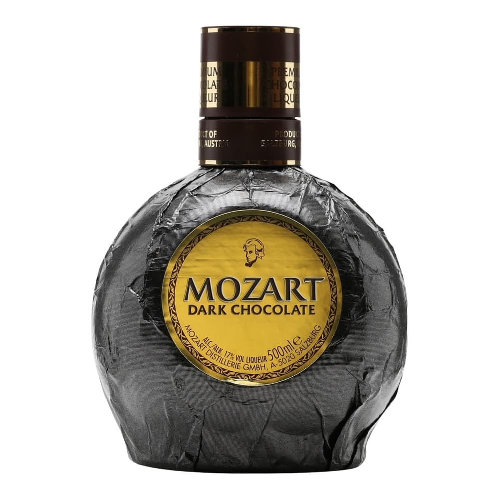A bottle of Mozart Dark Chocolate liqueur with a gold label and dark wrapping on a white background.
