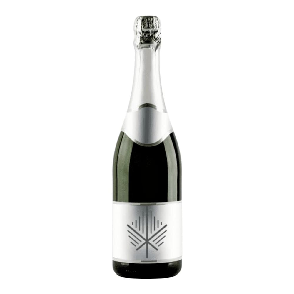 A bottle of sparkling wine with a white label featuring a geometric logo design, isolated on a white background.