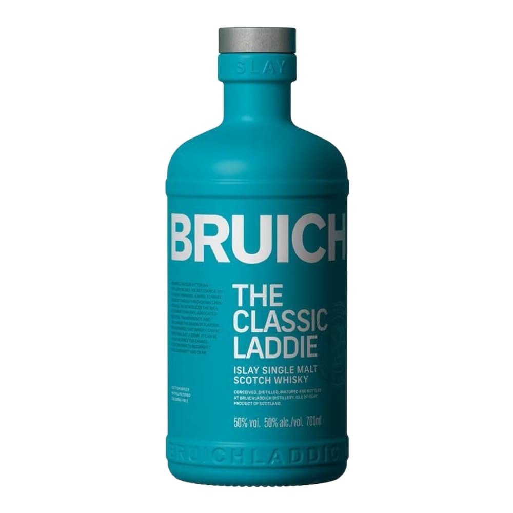 A turquoise bottle of Bruich The Classic Laddie Islay single malt Scotch whisky with a grey cap, displayed against a plain white background.