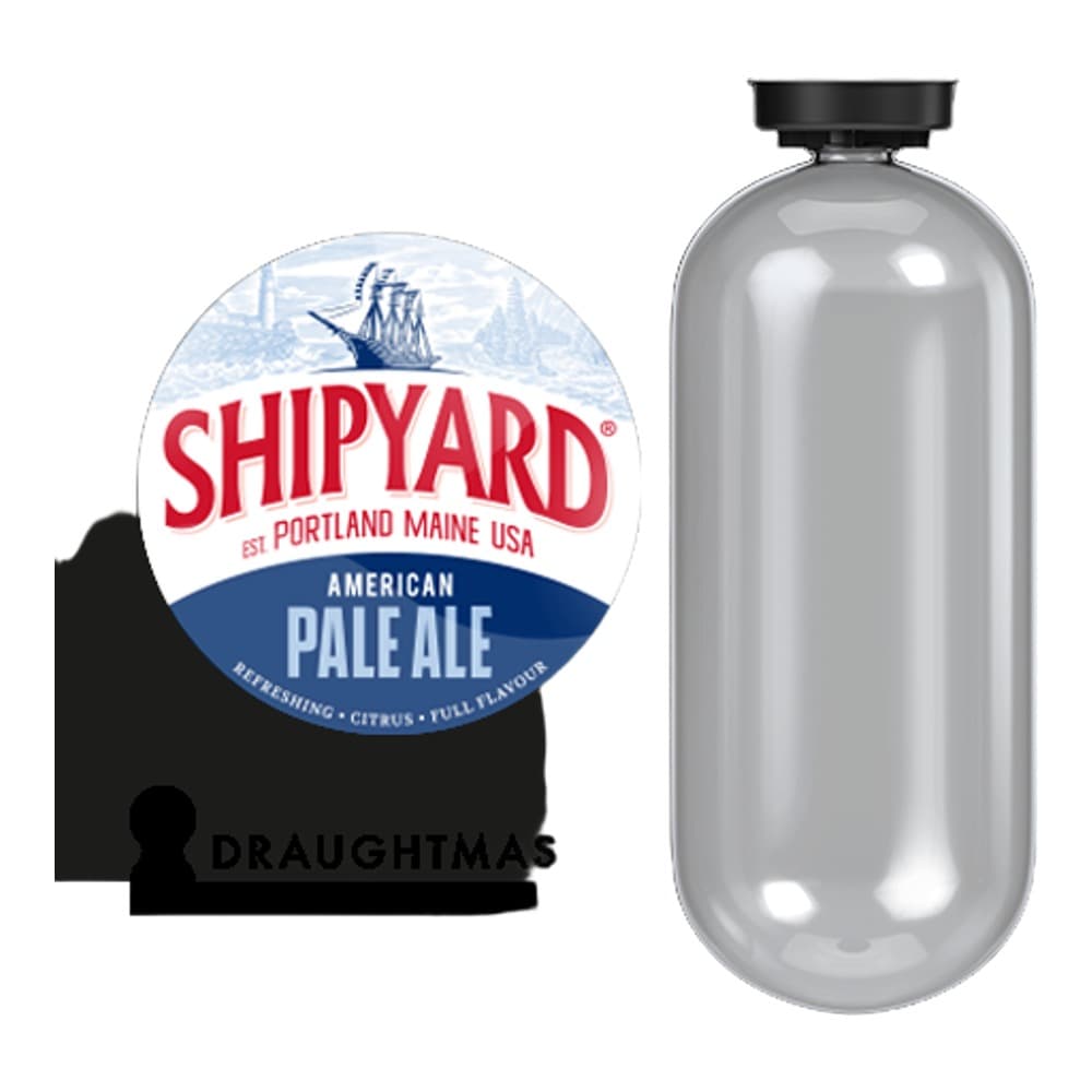 Clear glass Draughtmaster bottle with Shipyard American Pale Ale label featuring a sailing ship emblem and Portland Maine branding