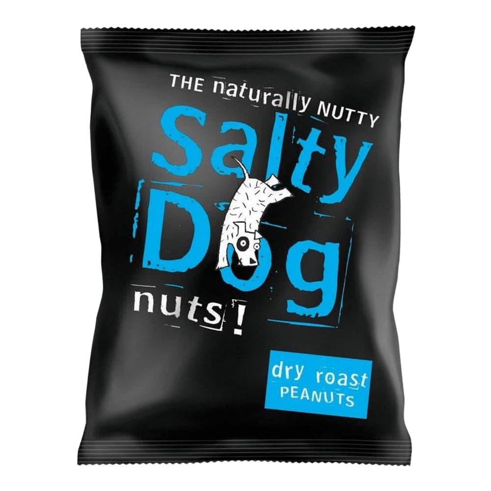 Black packet of Salty Dog naturally nutty dry roast peanuts with blue text and white dog illustration on white background