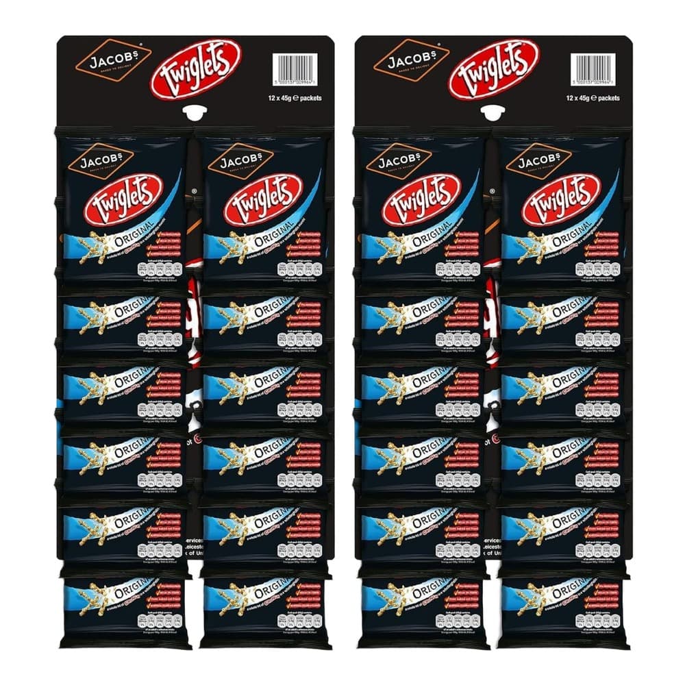 Product packaging display showing two identical boxes of Jacobs Twiglets Original flavour snacks, each containing 12 individual 45g packets arranged in a grid layout against a black background.