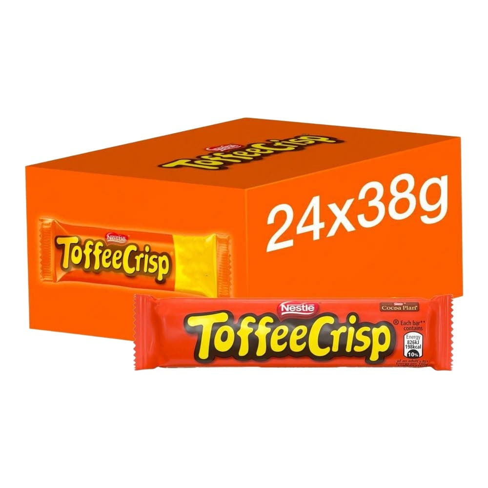 Orange box of Nestlé Toffee Crisp chocolate bars displaying 24 pack of 38g bars with individual red and yellow wrapper bars shown in front