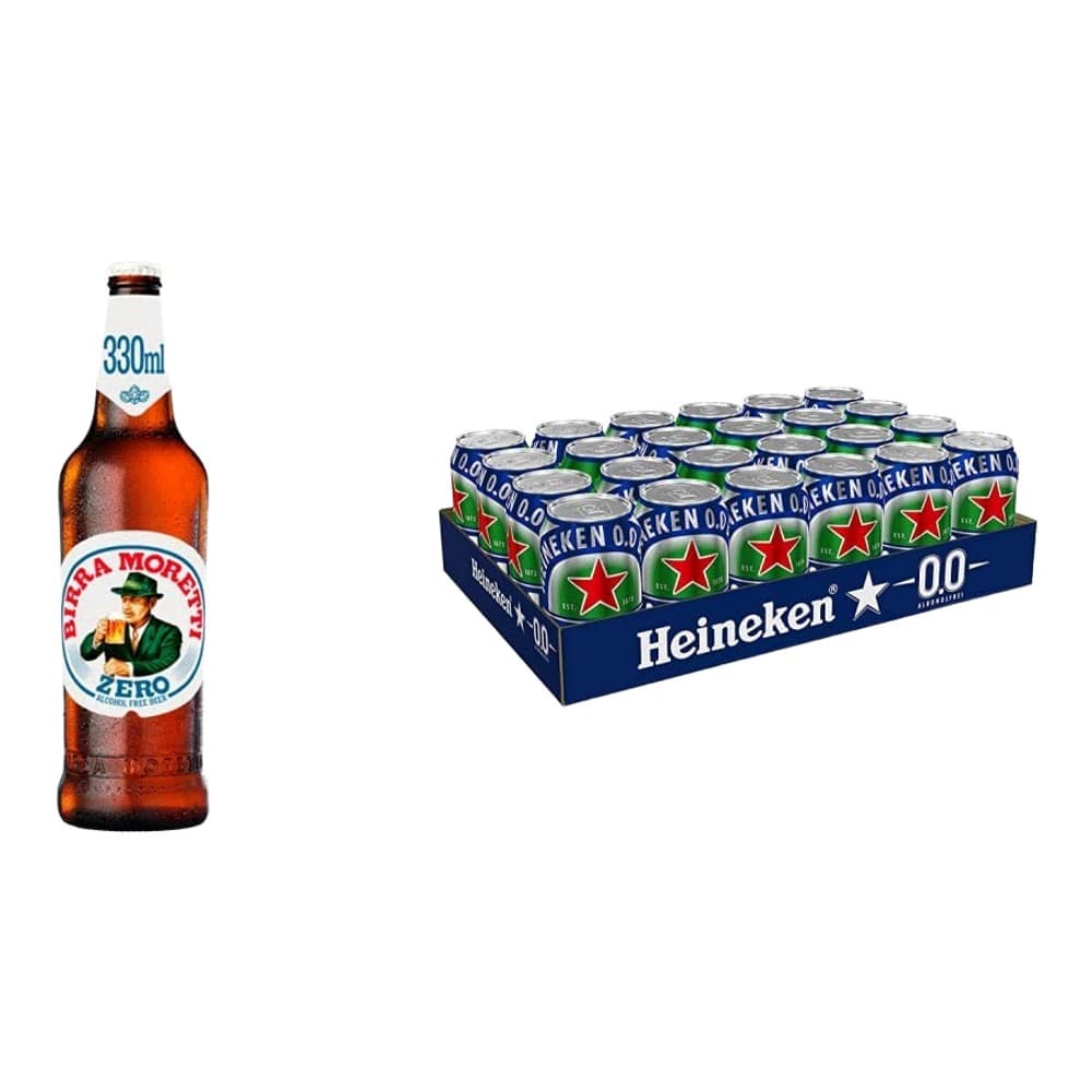 A 330ml Birra Moretti Zero bottle on the left and a Heineken 0.0 multi-pack box on the right, both isolated on a white background.