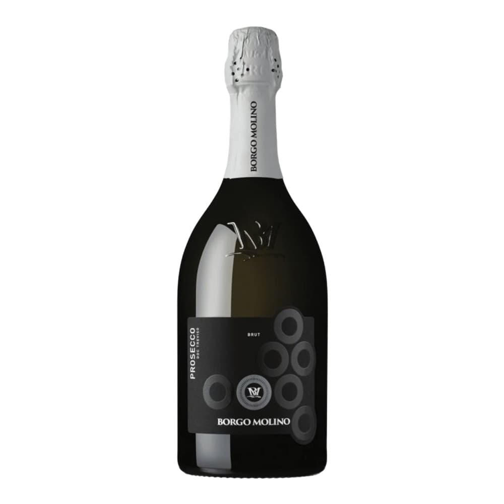 A bottle of Borgo Molino Prosecco Brut with white foil-wrapped top and black label featuring circular geometric patterns, photographed against a white background.