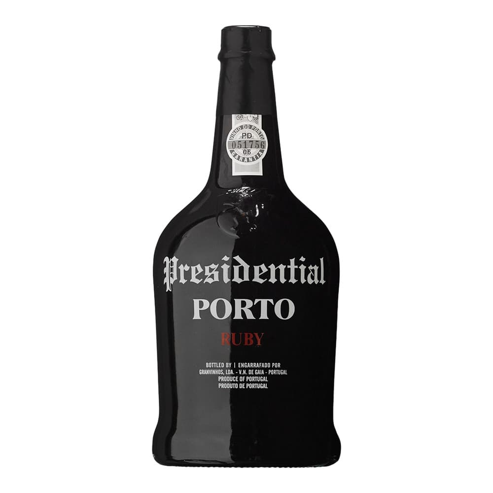 A bottle of Presidential Ruby Porto wine isolated on a white background, featuring a black label with white text and a numbered seal.