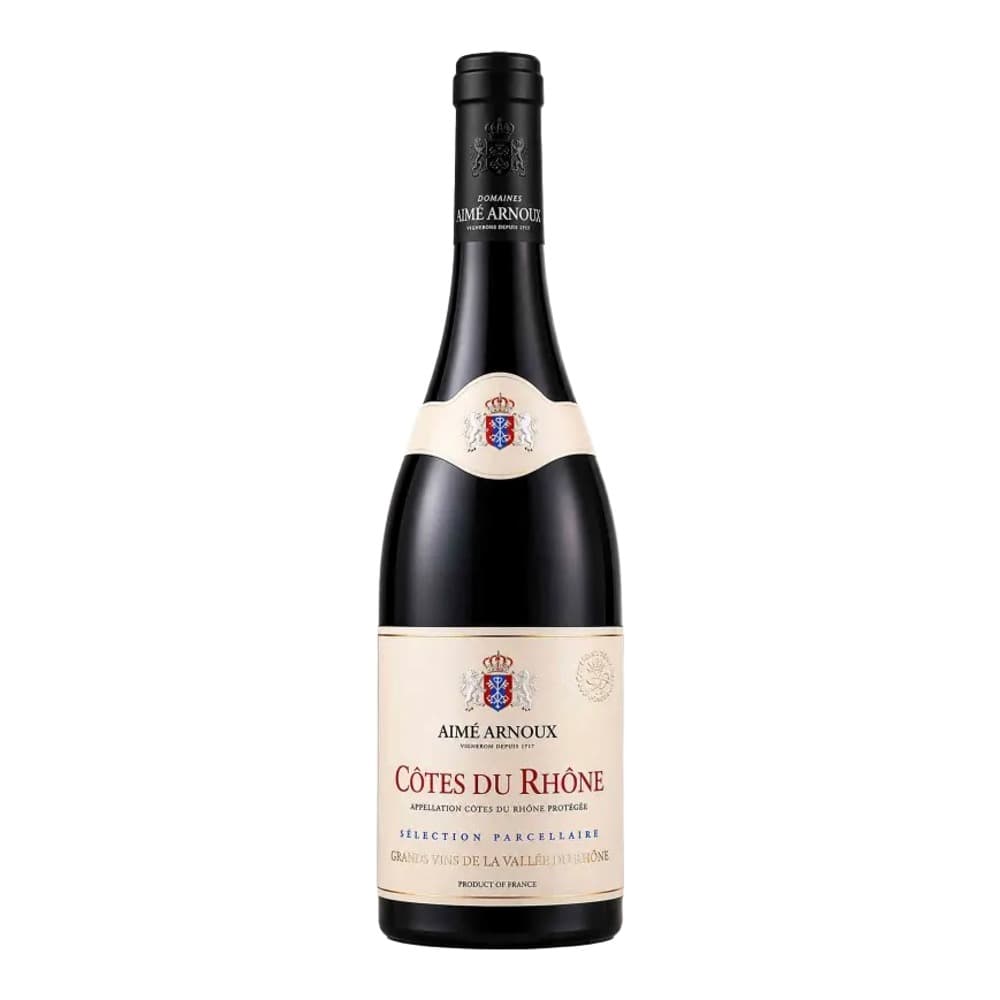 A bottle of Aimé Arnoux Côtes du Rhône red wine isolated on a white background, featuring a cream and black label with a coat of arms.