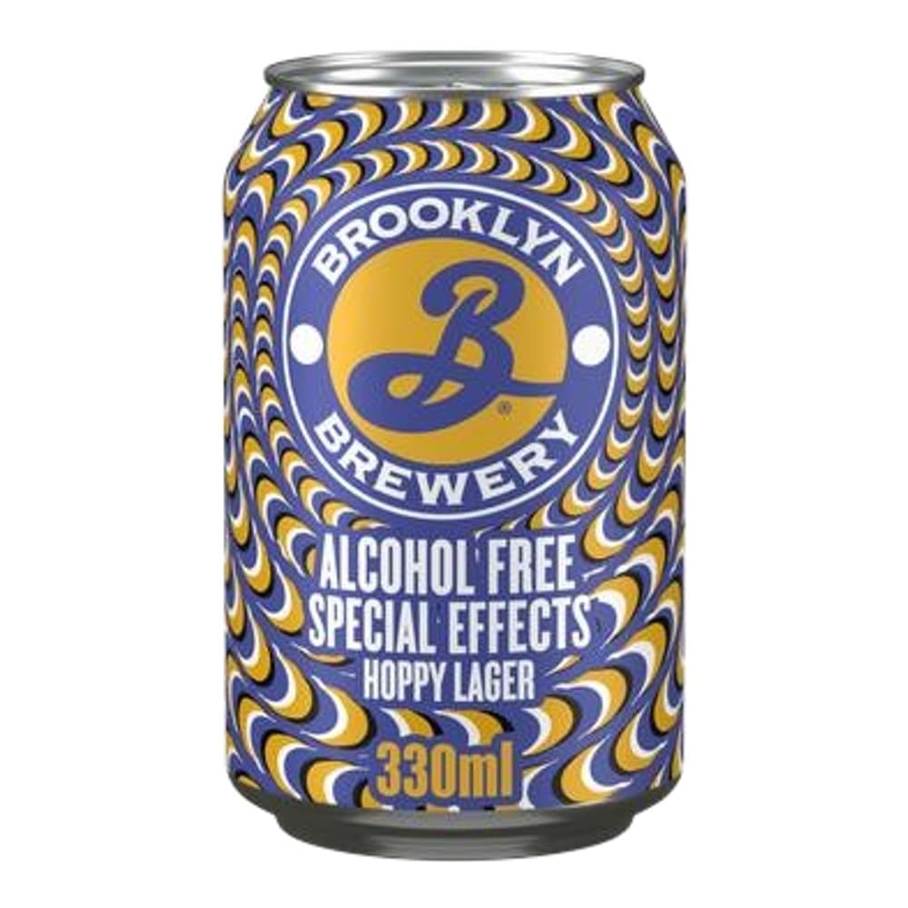A 330ml aluminium can of Brooklyn Brewery Alcohol Free Special Effects Hoppy Lager with blue and gold swirling pattern design on white background