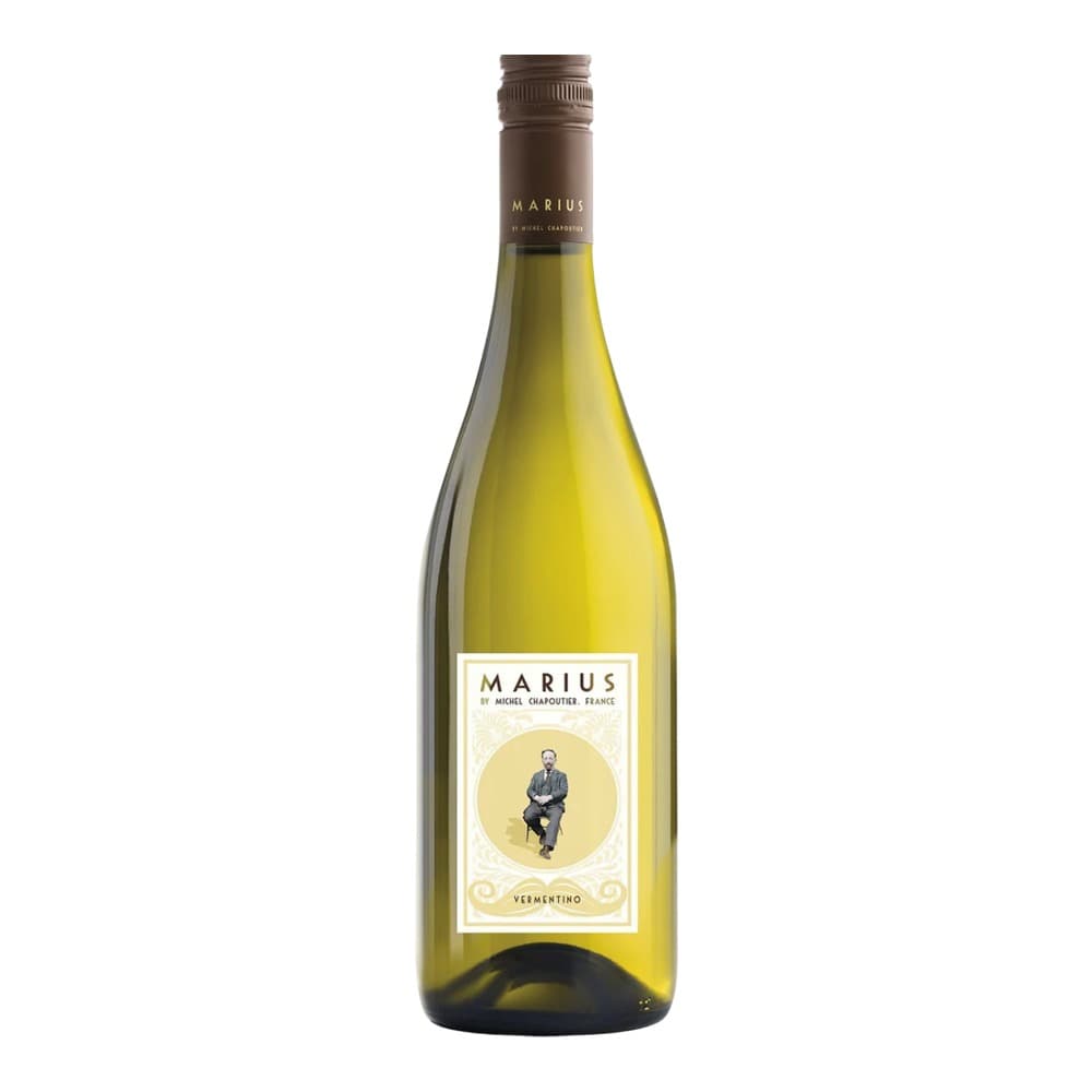 A bottle of Marius Vermentino white wine by Michel Chapoutier from France, featuring a pale yellow wine and a cream-coloured label with a portrait illustration, displayed against a white background.