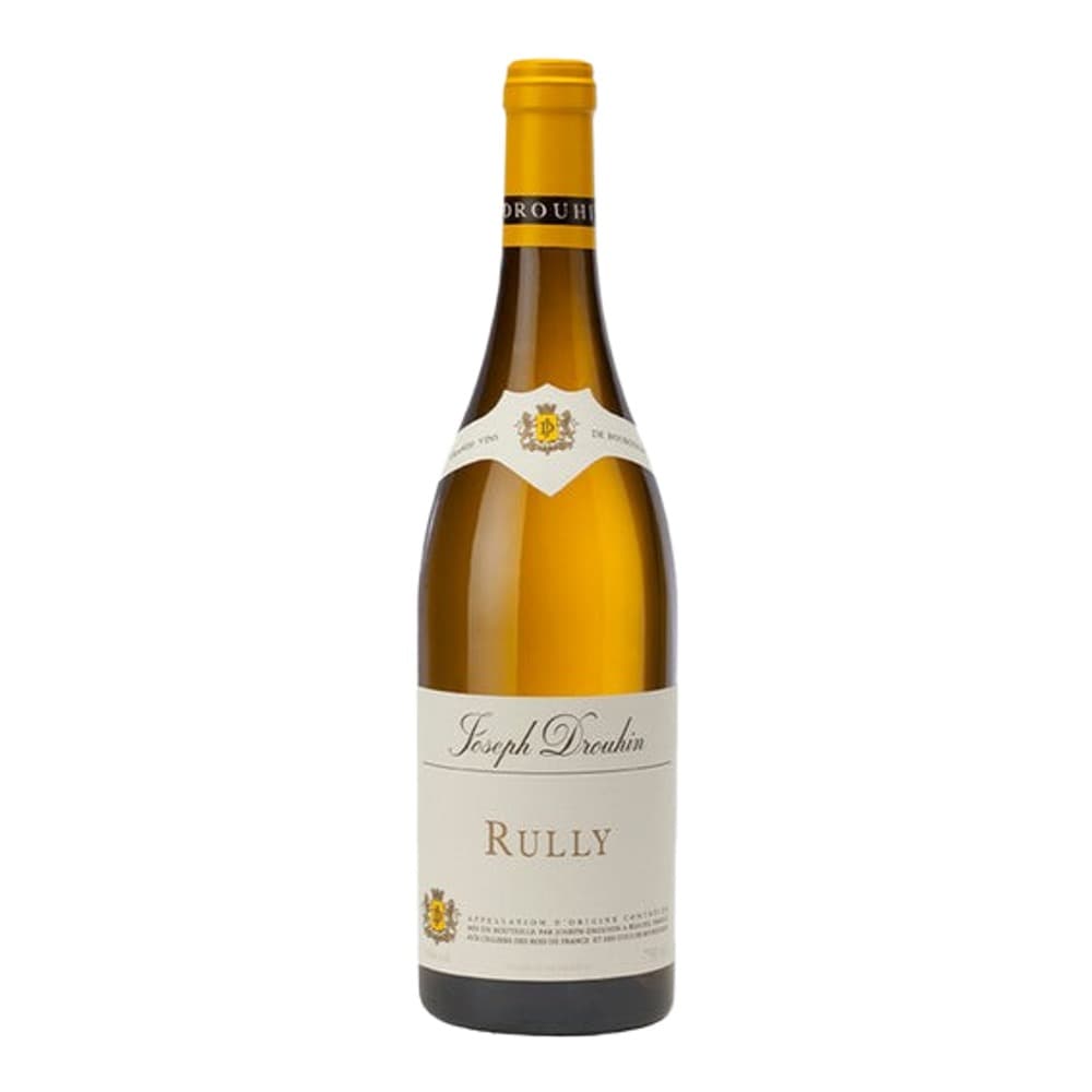 A bottle of Joseph Drouhin Rully white wine against a plain white background, featuring a gold foil-wrapped top and cream-coloured label.