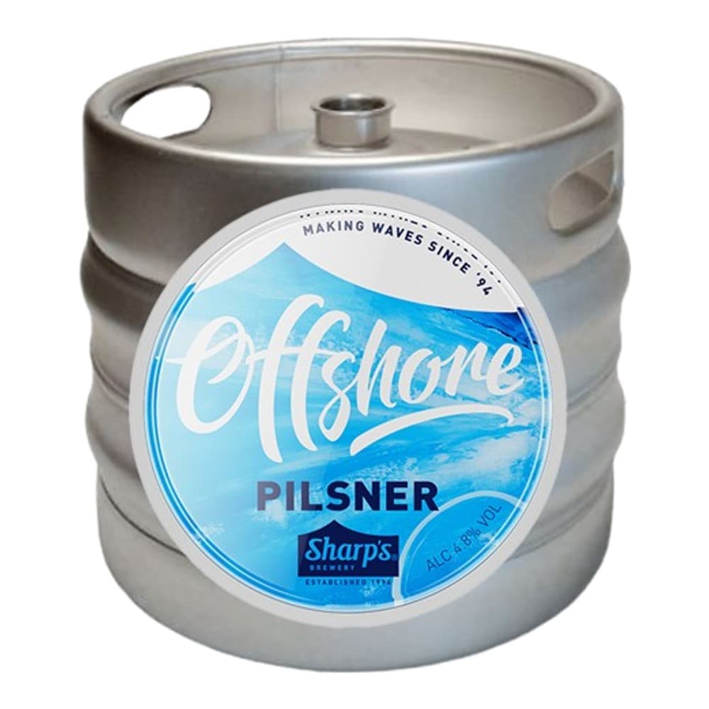 Stainless steel beer keg with blue and white Offshore Pilsner label from Sharps Brewery