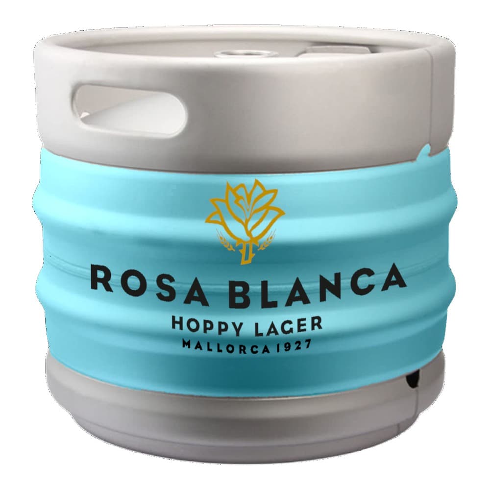 White and turquoise beer keg with Rosa Blanca Hoppy Lager branding and gold leaf logo