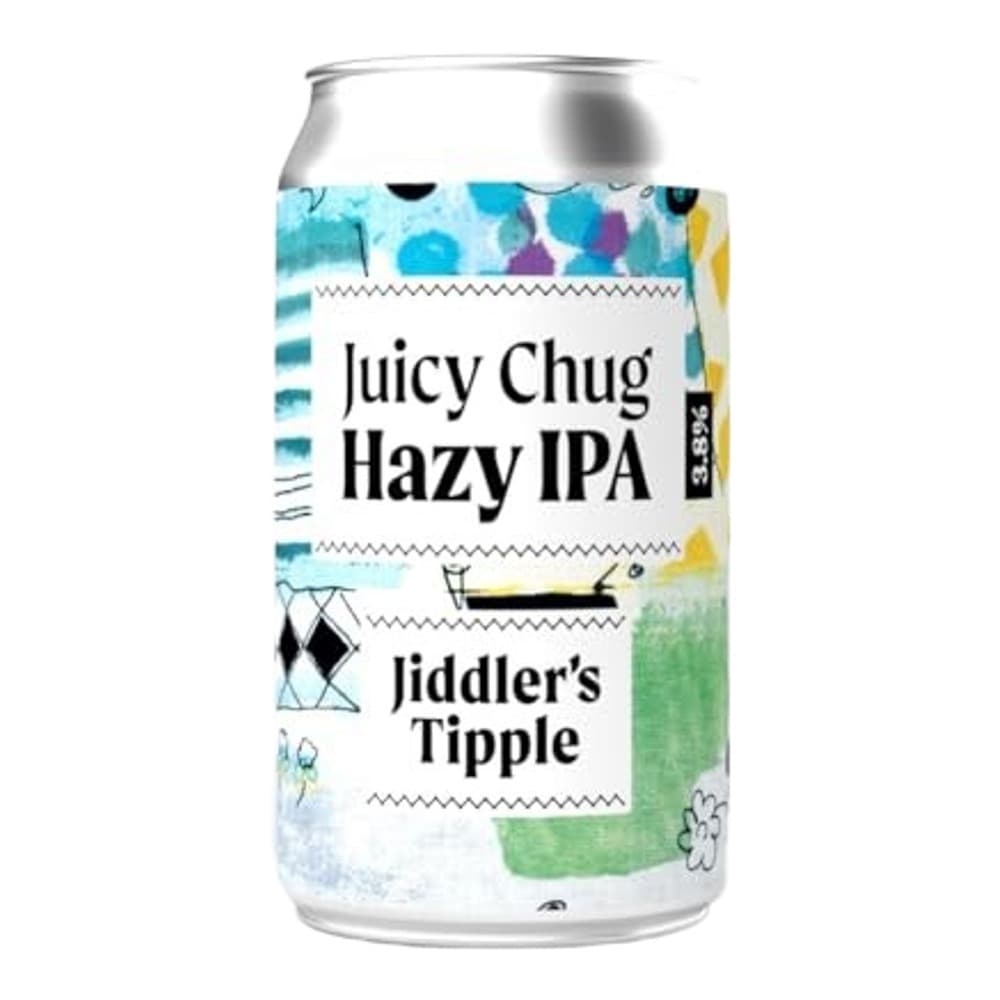 A silver aluminium beer can with a colourful label featuring the brand name Juicy Chug Hazy IPA and Jiddler's Tipple branding, isolated on a white background.