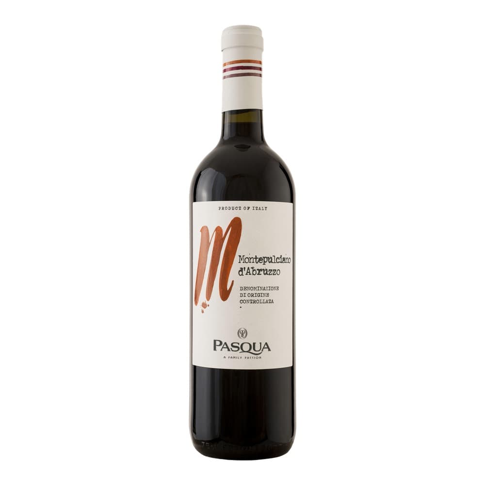 A 750ml bottle of Pasqua Montepulciano d'Abruzzo red wine with cream-coloured label and white foil capsule against a white background.