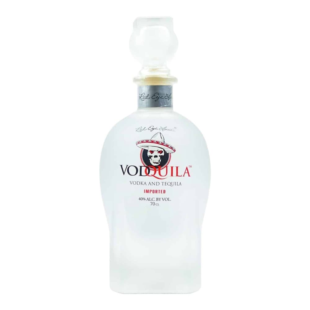 A clear glass bottle of Vodquila vodka and tequila spirit with a white label featuring a skull wearing a sombrero, displayed against a white background.
