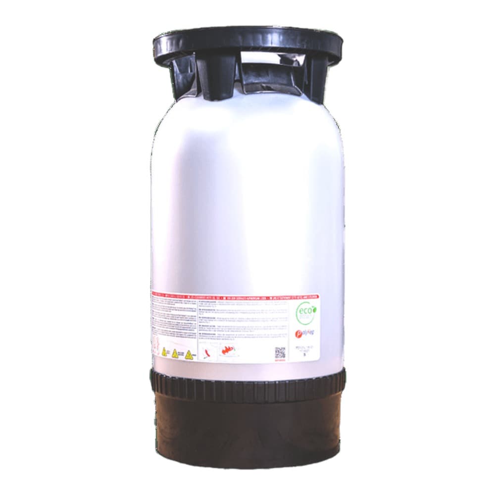 A white cylindrical container with a black screw-top cap and base, featuring product labelling and branding on the front, photographed against a white background.