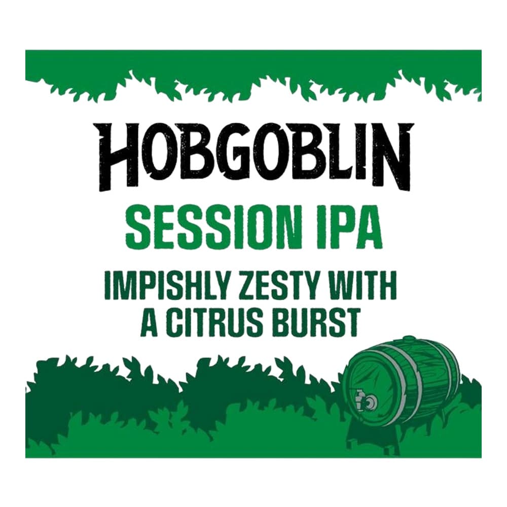 Beer label for Hobgoblin Session IPA featuring green and white design with brewery barrel illustration and flavour description