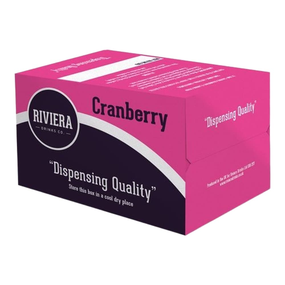 Pink and black cardboard box for Riviera Cranberry product with dispensing quality branding