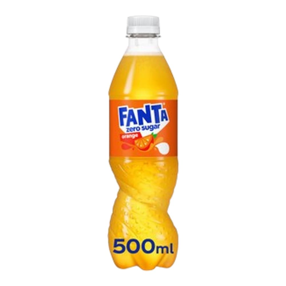 A 500ml plastic bottle of Fanta Orange soft drink with yellow liquid and the Fanta branding on a white background.