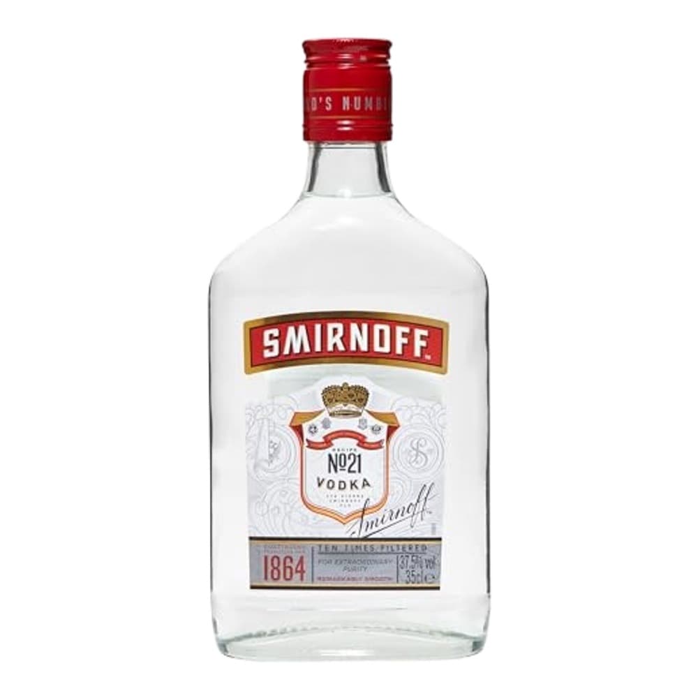 A clear glass bottle of Smirnoff No. 21 vodka with a red cap and white label featuring a gold crest, photographed against a white background.