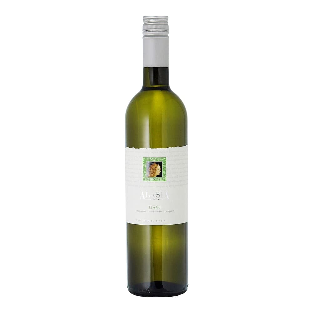 A bottle of Alasia Gavi white wine with a white label featuring a portrait medallion, displayed against a plain white background.