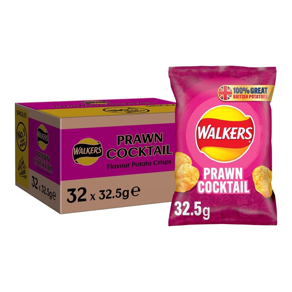 Walkers Prawn Cocktail potato crisps showing a cardboard box of 32 x 32.5g packets and a single packet on white background