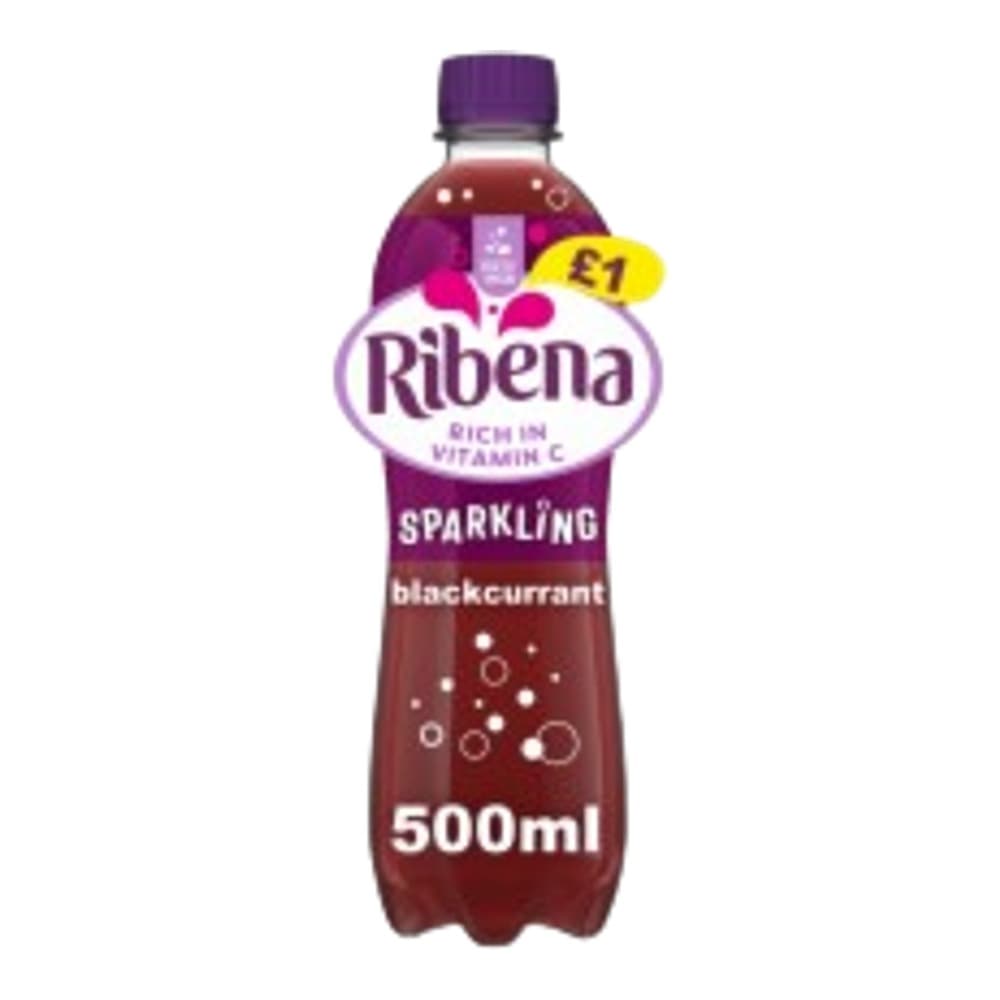 A 500ml bottle of Ribena Sparkling Blackcurrant beverage on a plain white background with a yellow promotional badge.