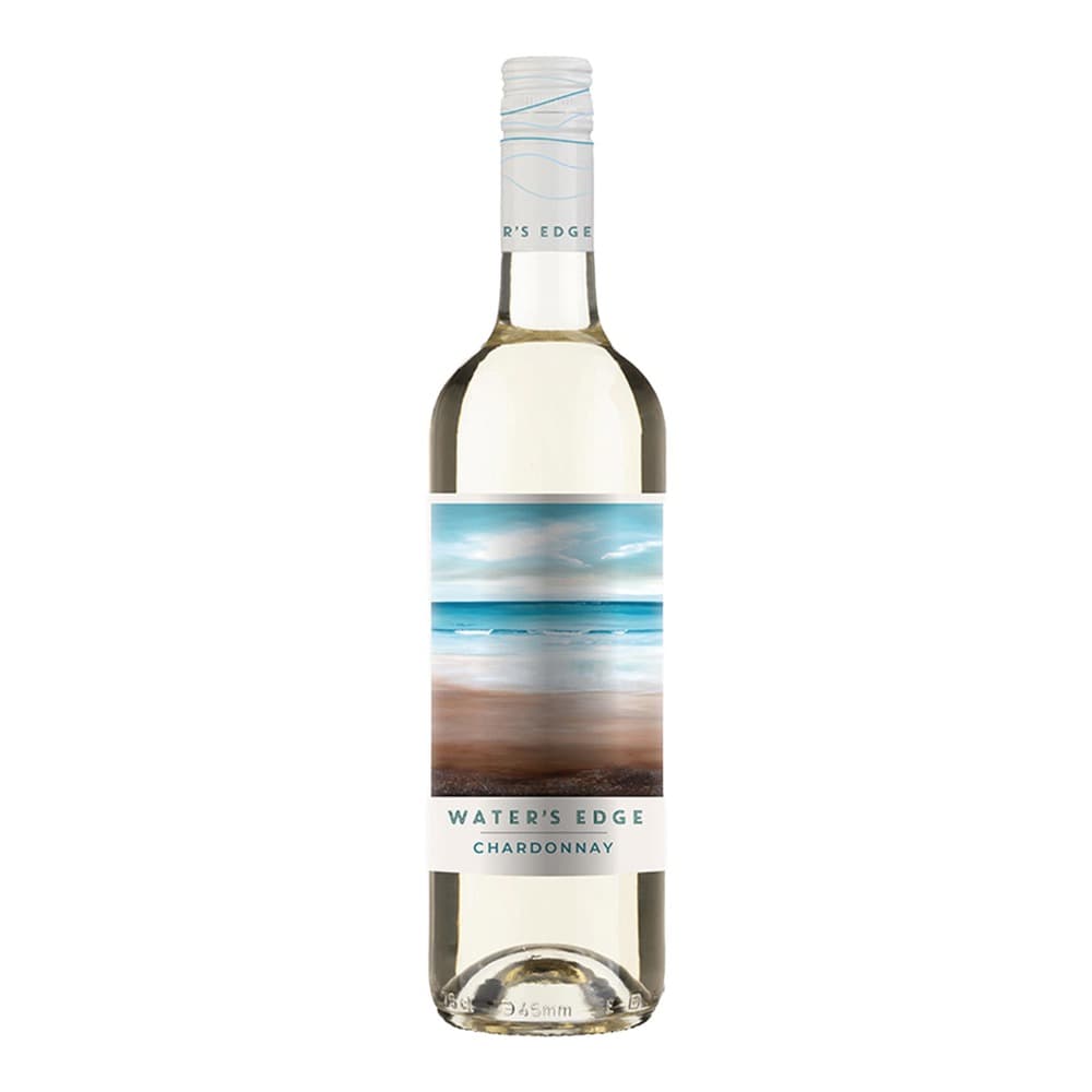 A bottle of Water's Edge Chardonnay white wine displayed against a plain white background, featuring a beach and ocean-themed label design.