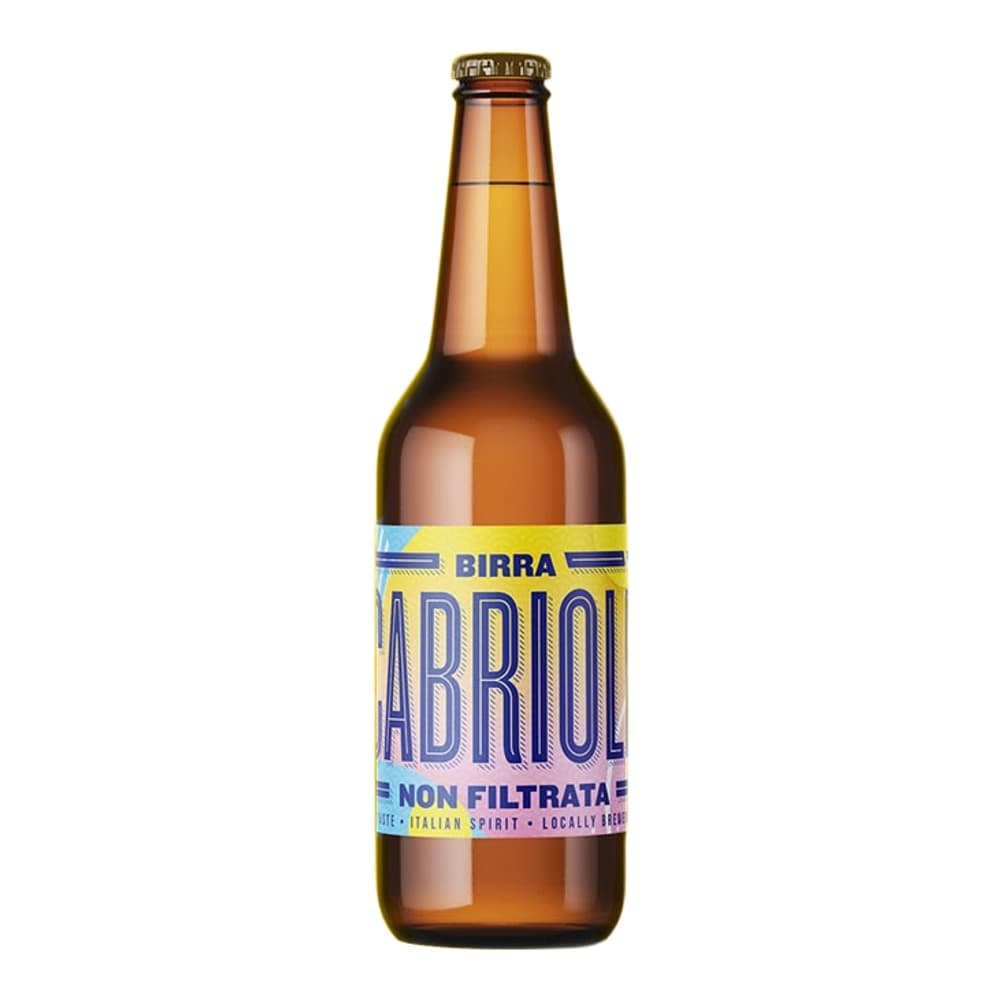 A brown glass bottle of Birra Abriol Non Filtrata beer with a yellow and blue label on a bright yellow background.