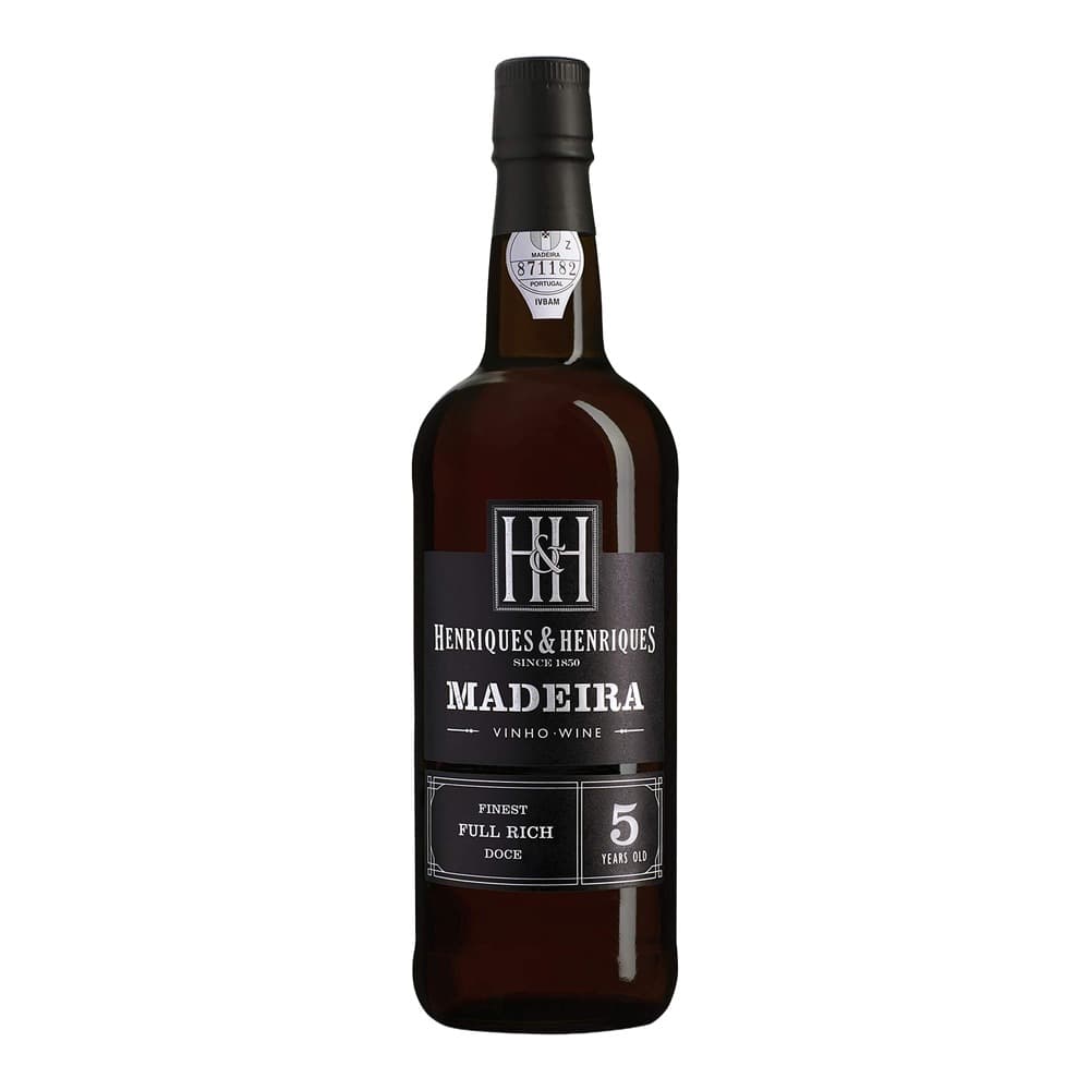 A bottle of Henriques & Henriques Madeira wine, 5 years old, Finest Full Rich Doce variety, against a plain white background.